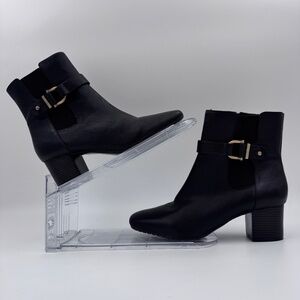 Bandolino Women's Dk Brown Leather Ankle Booties - Gold Buckle Block Heel Zip-Up